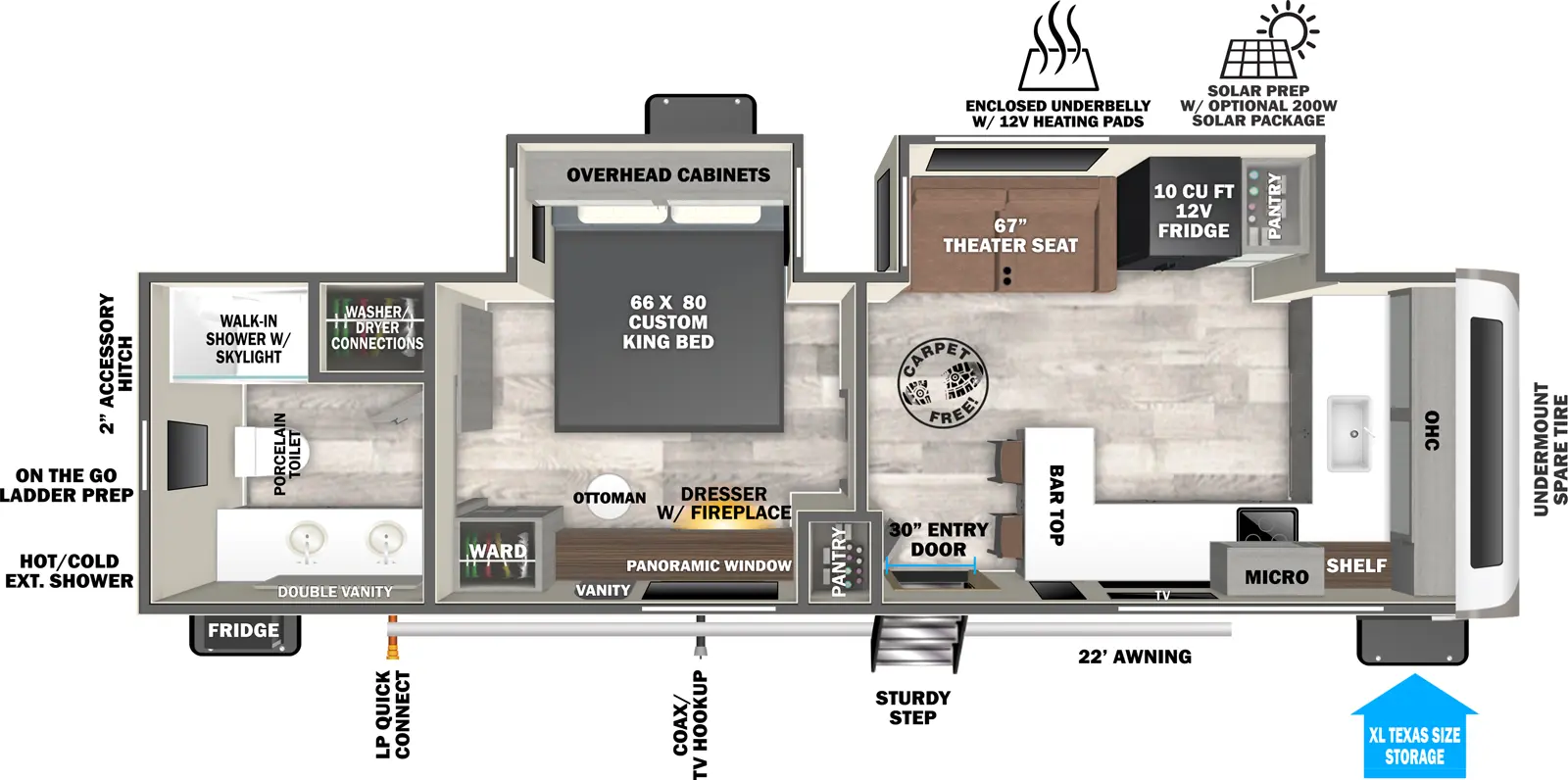 The Hemisphere Travel Trailers 261FKRB has one entry and two slide outs. Exterior features include: fiberglass exterior and 22' awning. Interiors features include: front kitchen and rear bathroom.